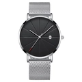 Minimalist silver mesh strap watch with black geometric dial and date window display - Black Dial Silver Case Silver Mesh Band