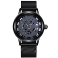 Sleek black quartz watch with skeleton gear dial and Milanese mesh steel strap - Black