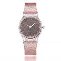 Detail of rose gold glitter dial and transparent case on minimalist quartz watch - Brown