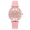 Montre quartz pour femme avec bracelet en cuir rose et cadran scintillant en or rose - Rose