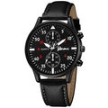 Montre à quartz noire pour homme avec surpiqûres blanches sur bracelet cuir et cadran - Boîtier Noir Texte Argent Bracelet Noir