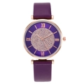 Women's quartz watch with purple leather strap, rose gold case, and rhinestone dial - Purple