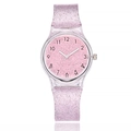 Macro detail of clear resin watch case with pink glitter accents and Arabic numerals - Pink