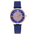 Women's blue leather strap watch with rose gold case and sparkling crystal dial face - Blue