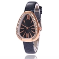 Rose gold snake head watch with black dial, crystal bezel and leather strap for women - Black