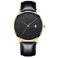 Minimalist quartz men's watch with black dial, gold case, and black leather strap - Black Dial Gold Case Black Leather Strap
