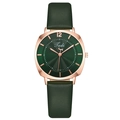 Fashionable women's watch with rose gold square case and green leather strap on white background - Green