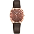 Minimalist women's quartz watch with brown leather strap and rose gold round metal case - Brown