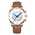Macro view of white business watch dial with three sub-dials and brown leather strap - Rose Gold White Dial Brown Leather Strap