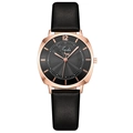 Fashionable women's quartz watch with a rose gold cushion case and black leather strap - Black