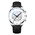 Detailed close-up of GENEVA business watch dial with sub-dials and date window - Silver White Dial Black Leather Strap