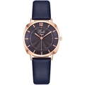 Fashionable women's quartz watch with rose gold case and navy blue leather strap - Blue