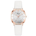Square women's quartz watch with rose gold case, radial dial pattern, and white leather strap - White