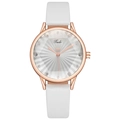 Women's fashion quartz watch with white leather strap and rose gold rhinestone dial - White
