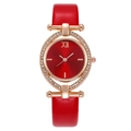 Fashion women quartz watch with red leather strap and rose gold rhinestone bezel - Red