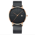 Minimalist quartz calendar watch with black sunray dial and rose gold Milanese strap - Rose Gold Case Black Strap