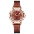 Vue détaillée du boîtier de montre or rose et du cadran rayon de soleil avec cristaux - Marron
