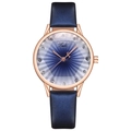Detailed close-up of rose gold watch case with blue sunburst dial and rhinestone markers - Blue