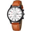 Détail du cadran blanc avec bracelet en similicuir marron et couture blanche sur la montre - Boîtier Argent Cadran Blanc Bracelet Cuir Marron