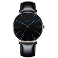 Orologio da uomo minimalista nero con indici blu e cinturino in pelle nera - Cassa Nera Lancette Blu Cinturino in Pelle