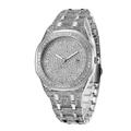 Close-up of luxury silver octagonal watch featuring full diamond setting and date window - Silver