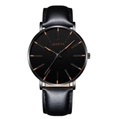 Minimalist black alloy watch with leather strap and vibrant orange indices and hands - Black Case Rose Gold Hands Leather Strap