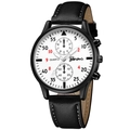 Detail of Geneva quartz watch featuring white dial, black sub-dials and leather strap - Black Case White Face Black Strap