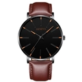 Men's fashion quartz watch with black dial, orange markers and brown leather mesh strap - Black Case Rose Gold Hands Brown Leather Strap