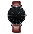 Men's minimalist quartz watch with black dial, blue markers, and brown leather strap - Black Case Blue Hands Brown Leather Strap