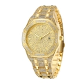 Detailed side view of luxury gold watch featuring full rhinestone paving and date display - Gold