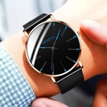 Men's minimalist watch with black mesh strap, rose gold case and blue markers - Rose Gold Case Blue Hands Black Dial Mesh Strap