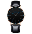 Minimalist men's quartz watch with black leather strap and rose gold case detail - Rose Gold Case Blue Hands Leather Strap