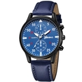 Detail of blue textured leather strap with white stitching on men's quartz watch - Blue Case Blue Strap