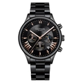 Detailed view of the Gadyson black quartz watch dial with rose gold hands and calendar - Black Dial Rose Gold Pin Steel Strap