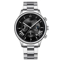 Detailed macro shot of a black GADYSON business watch face with calendar and subdials - Silver Black Steel Strap
