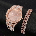 Luxury rose gold octagonal watch with iced out Cuban bracelet set for men and women - Rose Gold + Bracelet