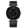 Rose gold men's quartz watch with black mesh strap and blue accents on matte black dial - Rose Gold Case Blue Needle Black Strap