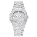 Silver iced-out square watch for women with rhinestones, date display and metal strap - Silver