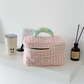 Quilted pink checkered makeup bag with green handle and embroidered Melody text - Pink Plaid