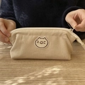 Estuche de lona beige con un diseño bordado minimalista de cara de gato - Estilo Especial de Gato Blanco Roto