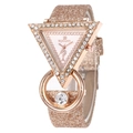 Luxuriöse Dreieck-Quarzuhr mit runder Strass-Lünette und glitzerndem Band in Roségold - Gold