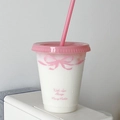 Bicchiere rosa con cannuccia e fiocco per caffè freddo con coperchio e grande capacità - Fiocco Rosa / Taglia Unica