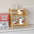 Double-layer wood and rattan desktop storage rack in cream finish for cups - Small / Khaki