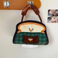 Detail of cute bear embroidery and green plaid pattern on the hanging tissue box cover - Green
