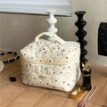 Cute polka dot quilted cotton makeup bag with handle for travel toiletries storage - Colored Polka Dots