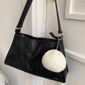 Minimalist black lychee pattern leather shoulder bag with white plush ball charm - Steamed Bun Pendant / 6cm