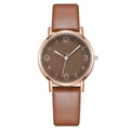 Detail of brown leather strap and rose gold watch case with arabic numeral dial - Brown
