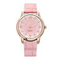 Detail of pink leather strap and rose gold quartz watch dial with minimalist markers - Pink