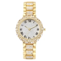 Detailed macro of a gold luxury women's watch with full crystal inlay and Roman numerals - Gold