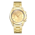 Close-up of gold stainless steel watch band with three-link structure and polished finish - Gold